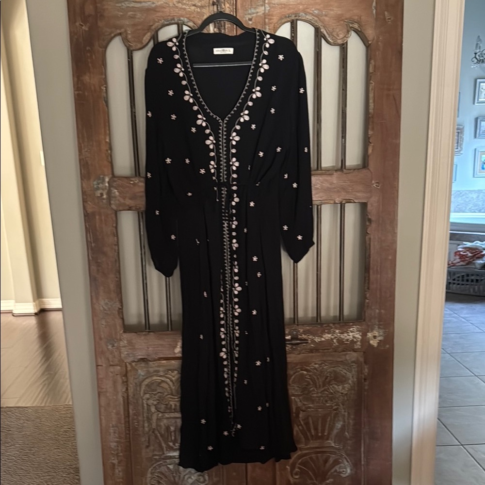 Black and Pink Sequin Wrap Gown with Long Bishop Sleeves